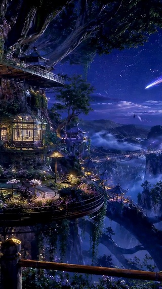 梦幻月夜星空山间树屋