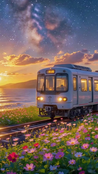 星空落日海滨花田列车