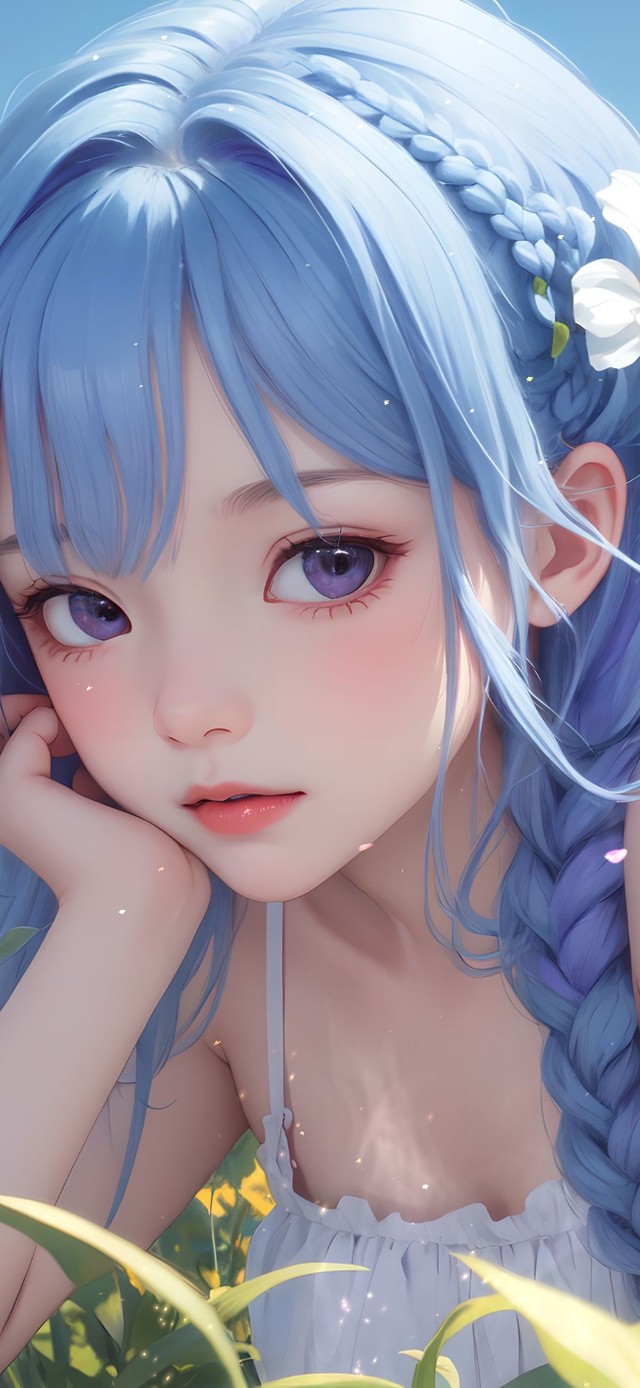 蓝天雏菊花田女孩