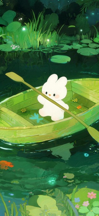 幽静湖水中的小兔