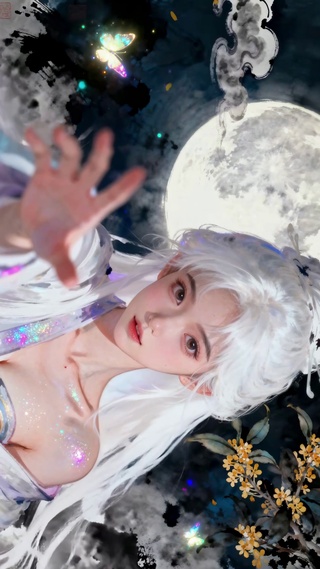 秋夜银月桂花树下白发仙女