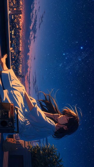 城市夜晚天台少女