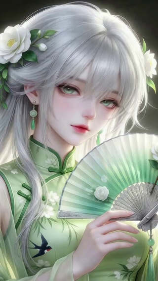 古风银发少女执扇迎春