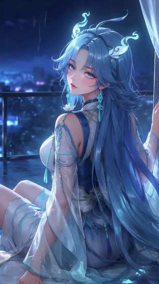 雨夜阳台少女-清宵