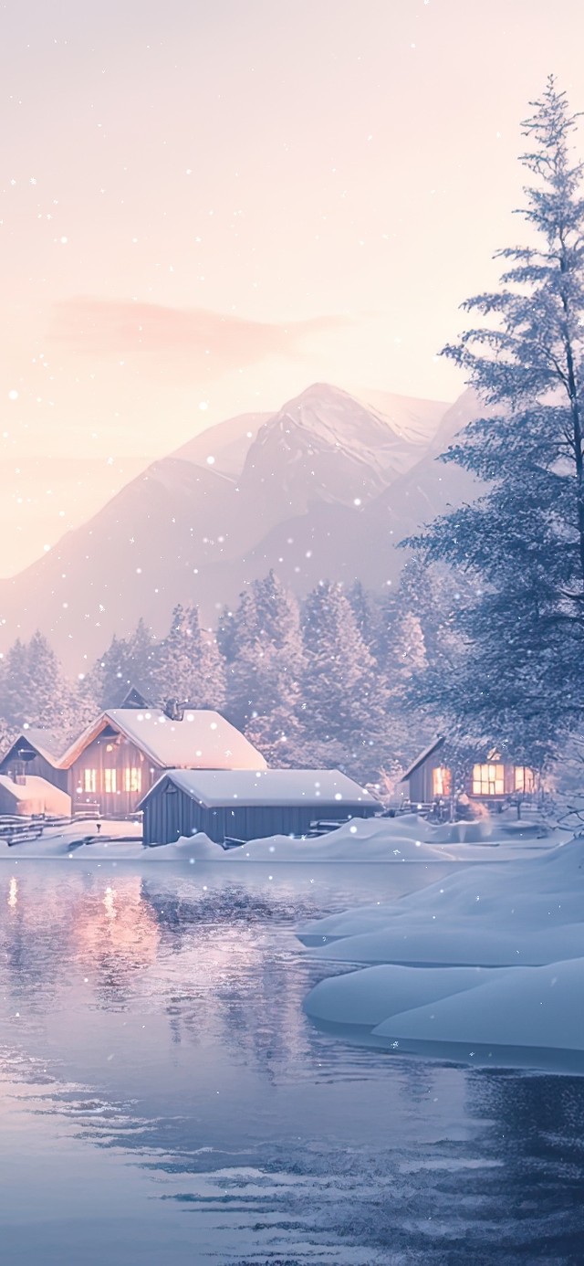 冬季高山湖泊小镇