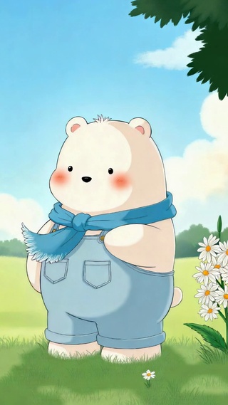 清新草地可爱小白熊