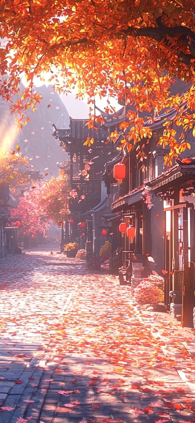 秋叶落花唯美古镇