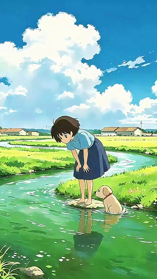 乡间小溪遛狗少女