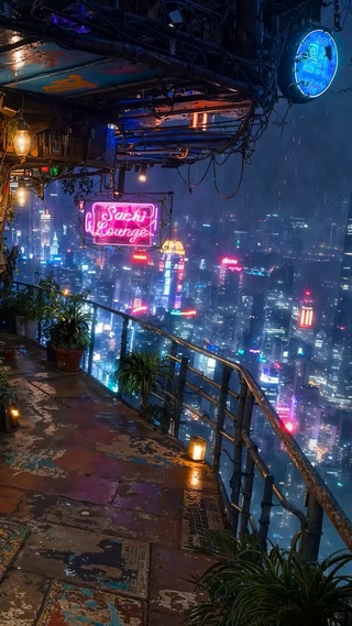 未来雨夜城市小屋阳台