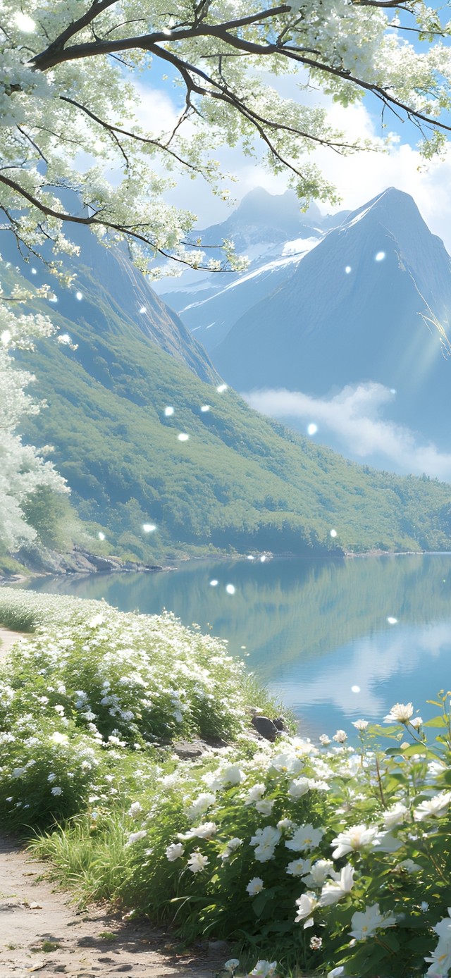 护眼白色樱花湖泊