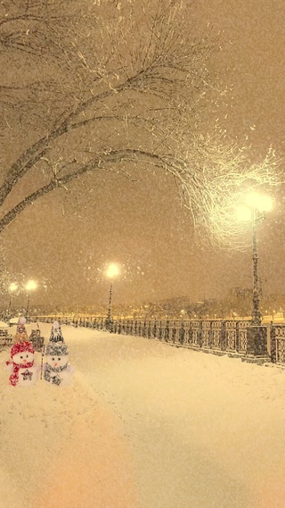 湖边夜晚灯光雪人雪景