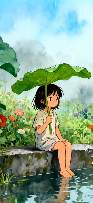 河岸雨中少女