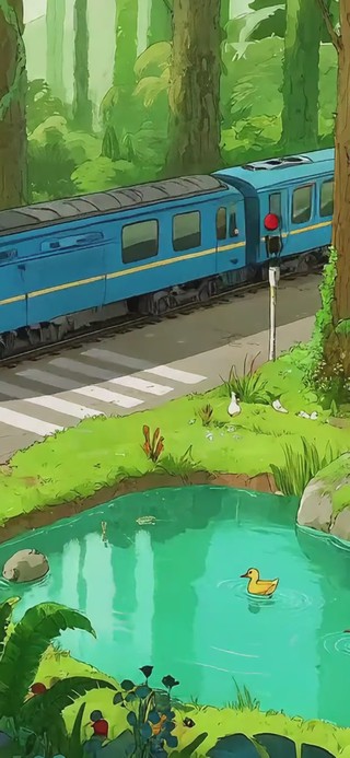 唯美治愈绿茵池塘小列车