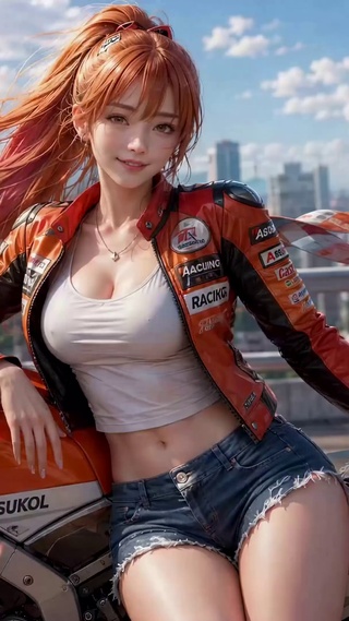 橙发机车美少女天台留影
