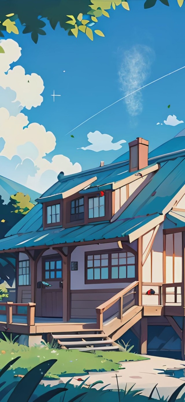 护眼蓝天白云花草树木房屋景色