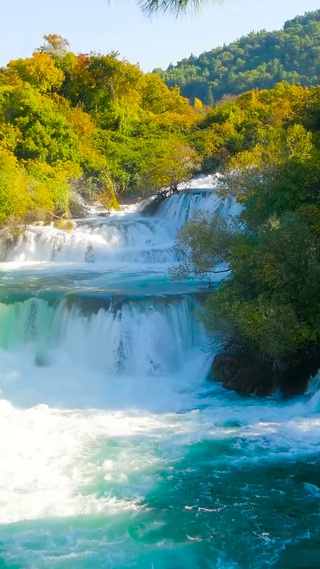壮观秋林瀑布流水