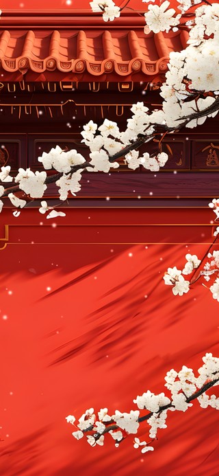 唯美古风文艺红墙樱花雪景