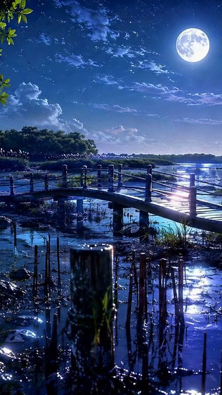 静谧月夜星空河畔夜景