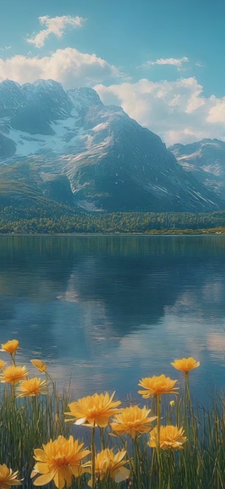 黄花碧湖远山