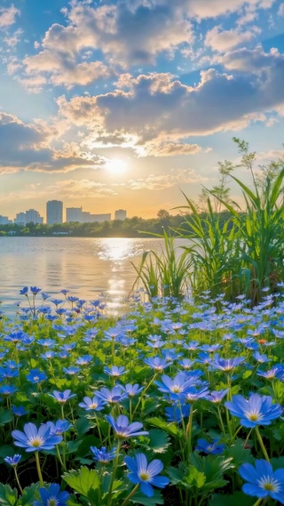 日落湖畔的蓝色花海