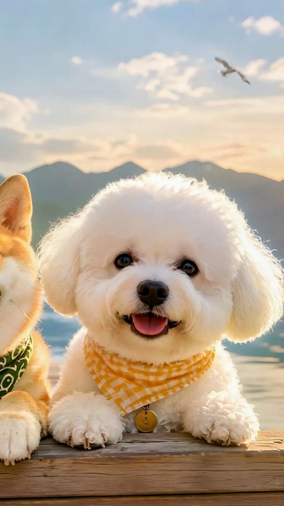 湖边栈道可爱萌犬日落美景