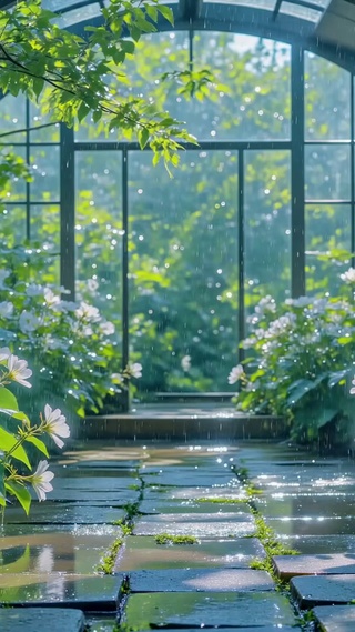 雨天温室花境清新风景