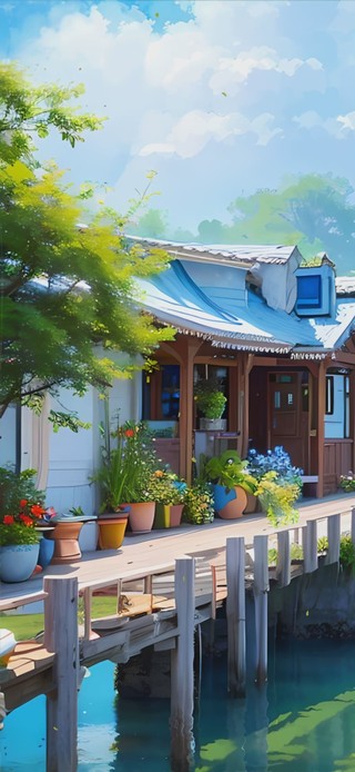 护眼蓝天白云河流景色