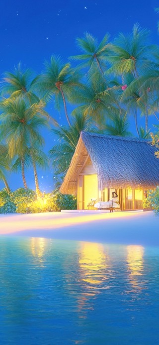 热带岛屿小屋夜色