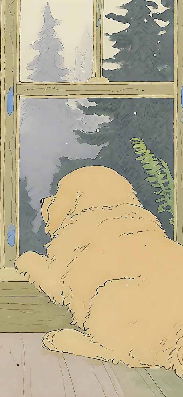 窗边发呆的小金毛