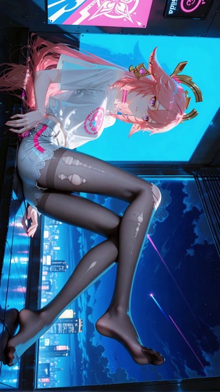 赛博夜景粉发二次元美少女