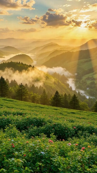 晨曦绿野山谷治愈风景