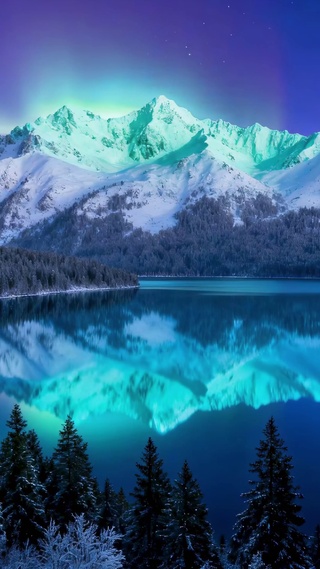 梦幻夜光雪山湖泊雪景