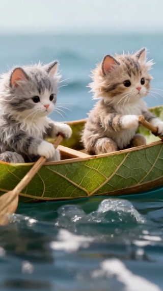 萌猫划树叶船海上漂流