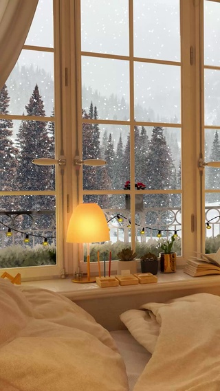 4K舒适的卧室窗外下雪