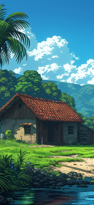 蓝天白云河流小屋