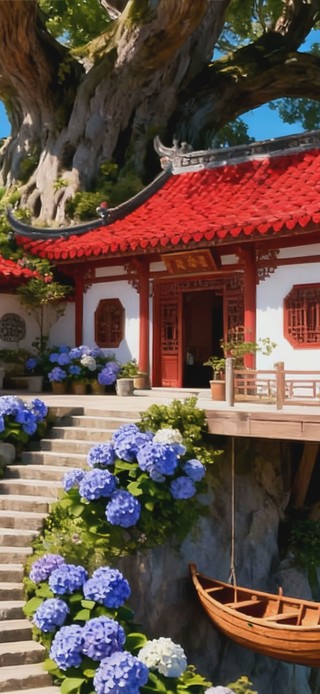 蓝天白云树木海景