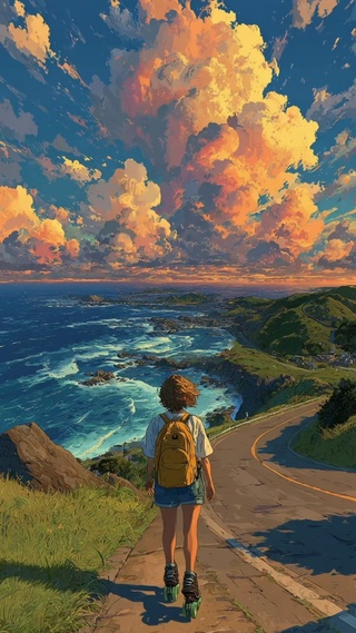 轮滑少女与落日海