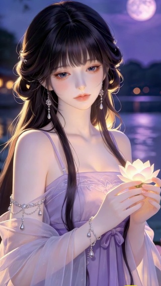 月色荷塘的莲花少女