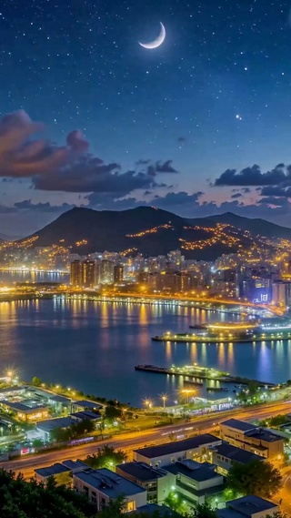 浪漫星月海滨城市夜景