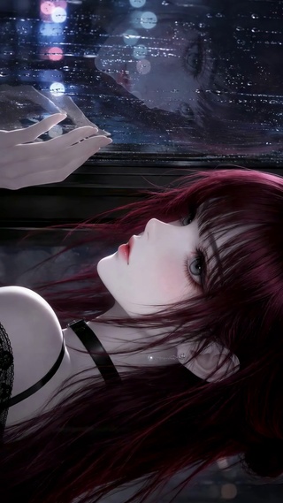 雨夜窗边红发美少女