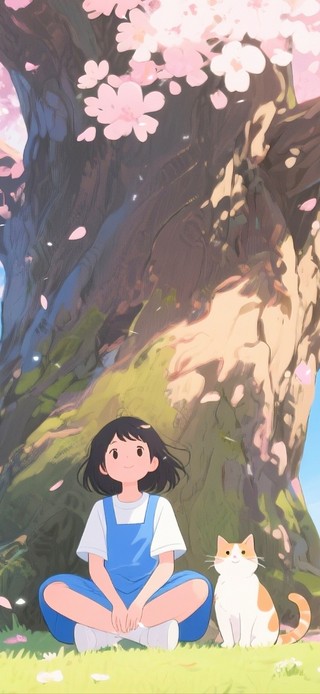 樱花树下女孩与猫咪