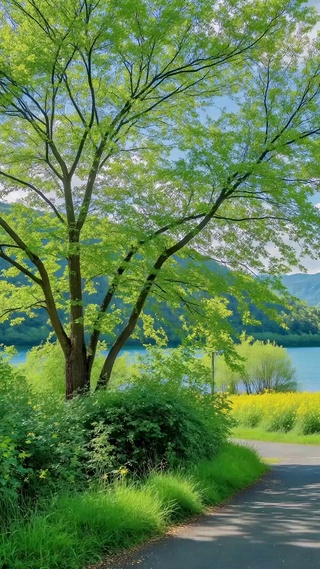 清新春日湖畔自然风景