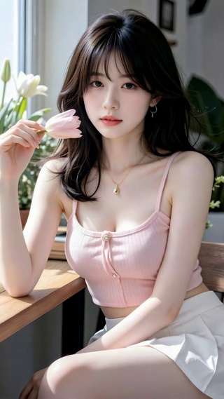 窗边持花清纯美少女