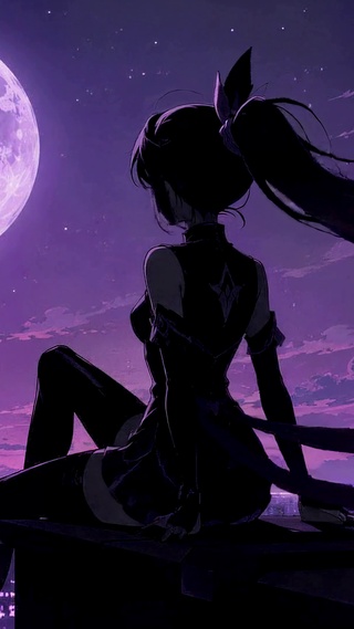 紫夜圆月都市少女剪影
