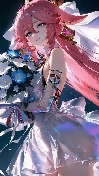 粉发甜美捧花女孩
