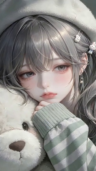 卧室抱泰迪熊少女