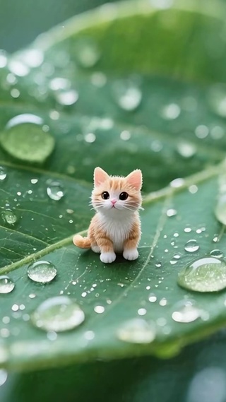 晨露大叶上弱小无助小猫咪
