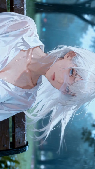 雨天公园长椅的银发湿衫少女