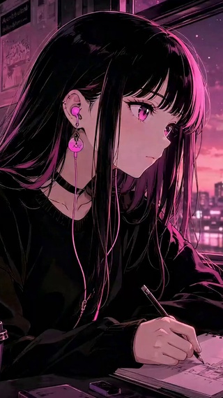 粉紫赛博风电车夜景动漫少女