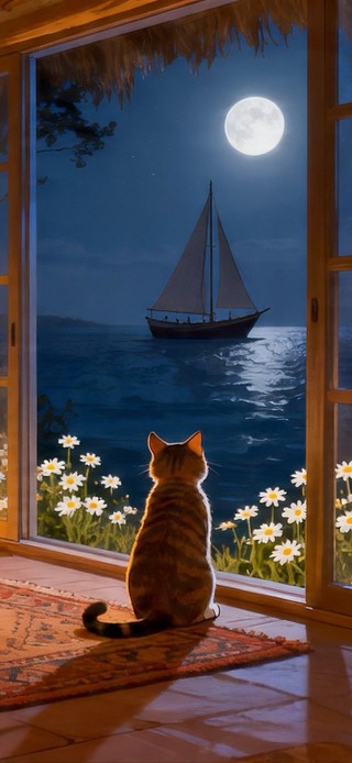 夜晚望着窗外的猫咪